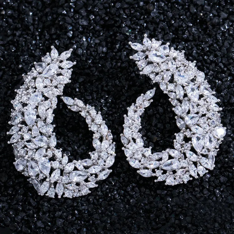 QS Sparkling Cubic Zirconia Real Gold Plated Women Big Flower Drop Earrings for Brides Wedding Jewelry Luxury Accessories