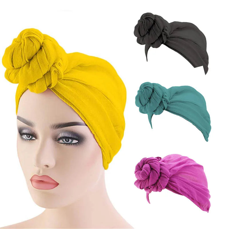 Wholesale Womens Big Flower Turban Beanie Elegant Cap Plain Head Wrap Stretch Long Scarf Headscarf