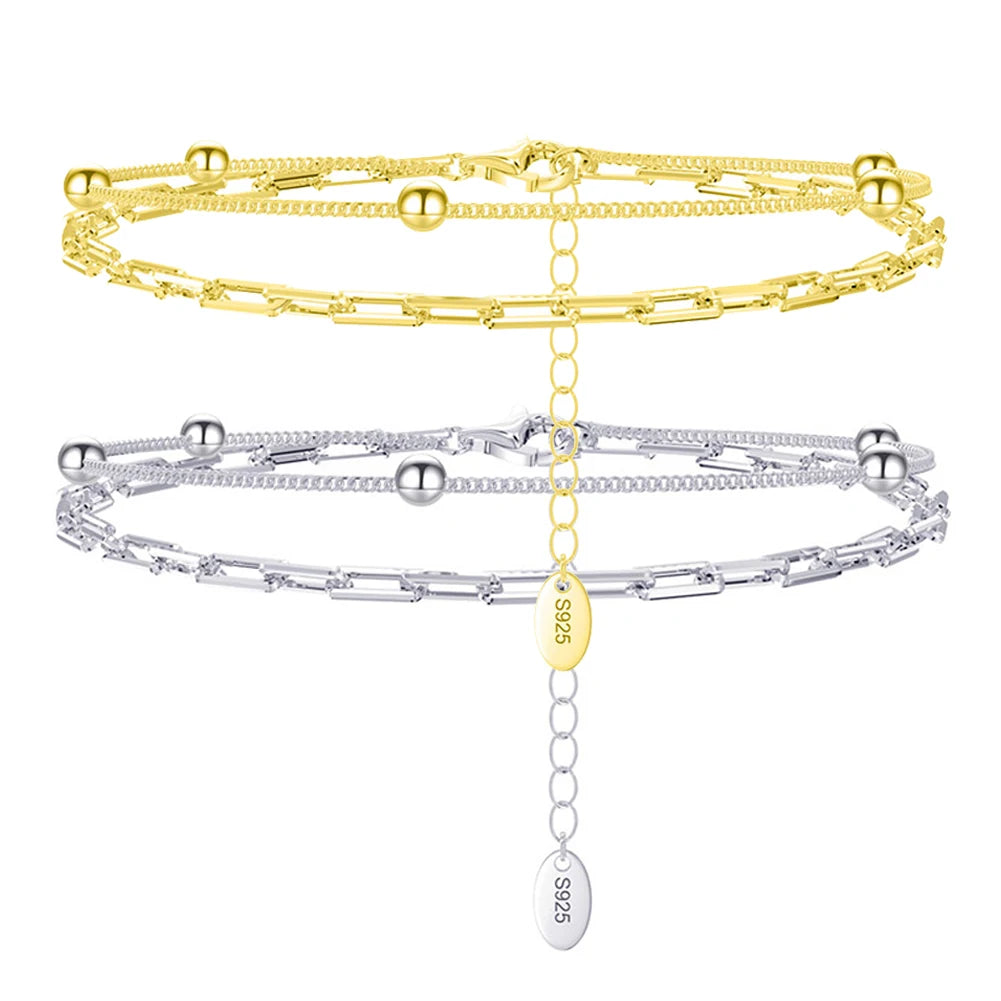 RINNTIN SB175 New Arrival Paper Clip Link with Satellite Chain Gold Double Layers Bracelet Girl Gift Gold Silver Bracelet