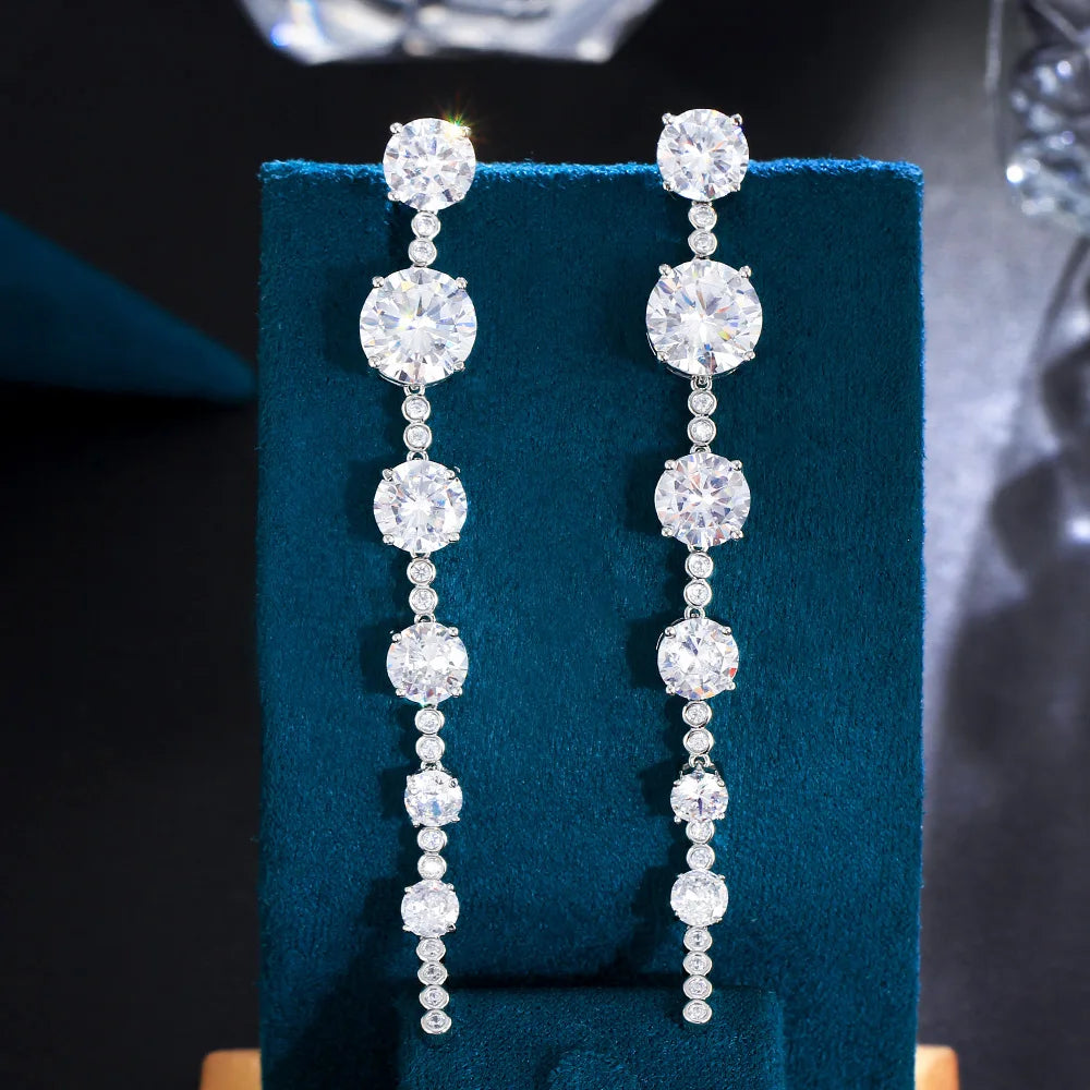 Sparkly White Round CZ Crystal Jewelry Bridal Super Long Earrings for Women Wedding Dress Cubic Zirconia Accessories