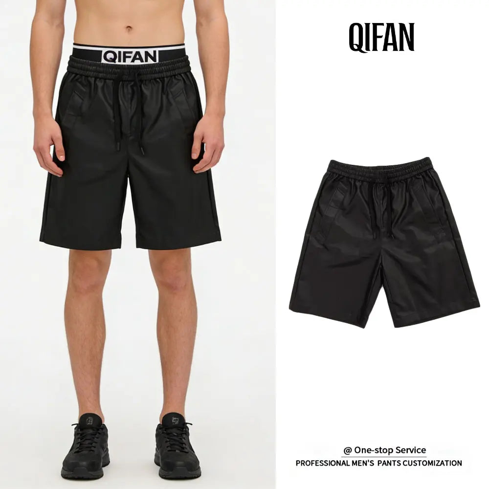 Custom Drawstring Faux PU Sweat Black Leather Shorts for Men