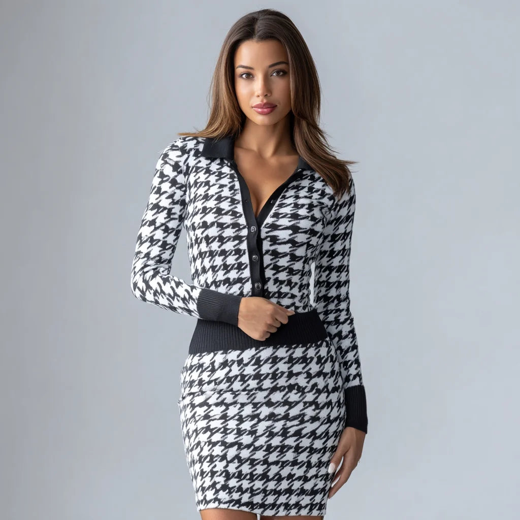 Women's Stylish Two-Piece Jacquard Knit Ensemble Hooded Wool Work Event for Autumn Winter Featuring Floral Solid Prints
