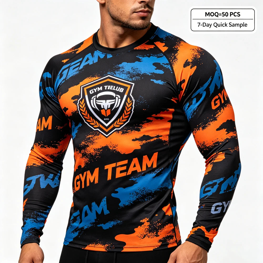 OEM Sublimation Printing Men Long Sleeve Compression Shirt Custom Logo Muscle Slim Fit Quick Dry Sports Gym T-Shirt Active Tops