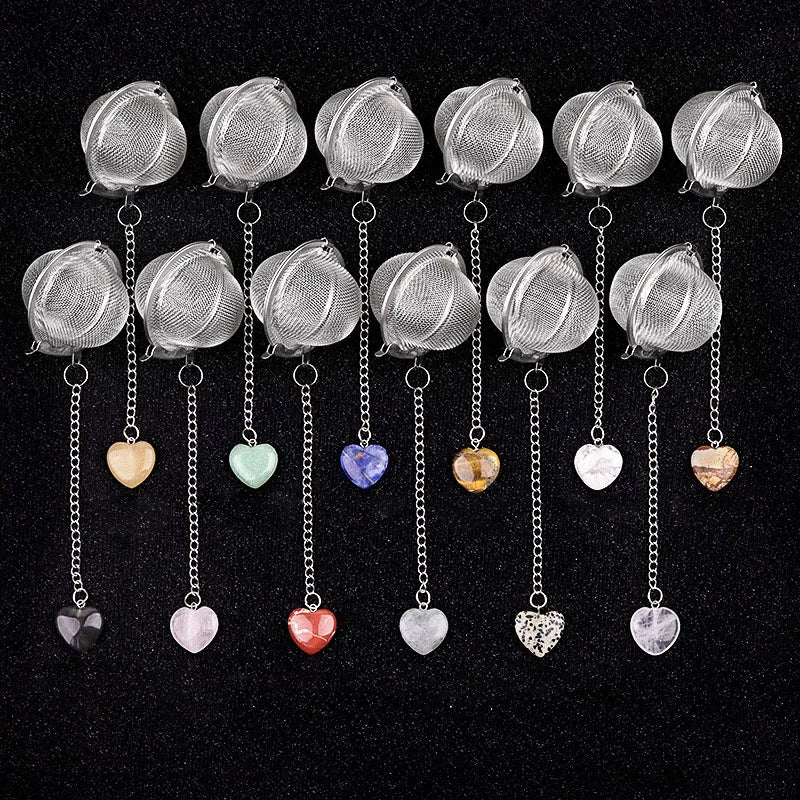 Wholesale Natural Gemstone Heart Charm Stainless Steel Ball Mesh Tea Strainer Healing Crystal Energy Stone Tea Strainers