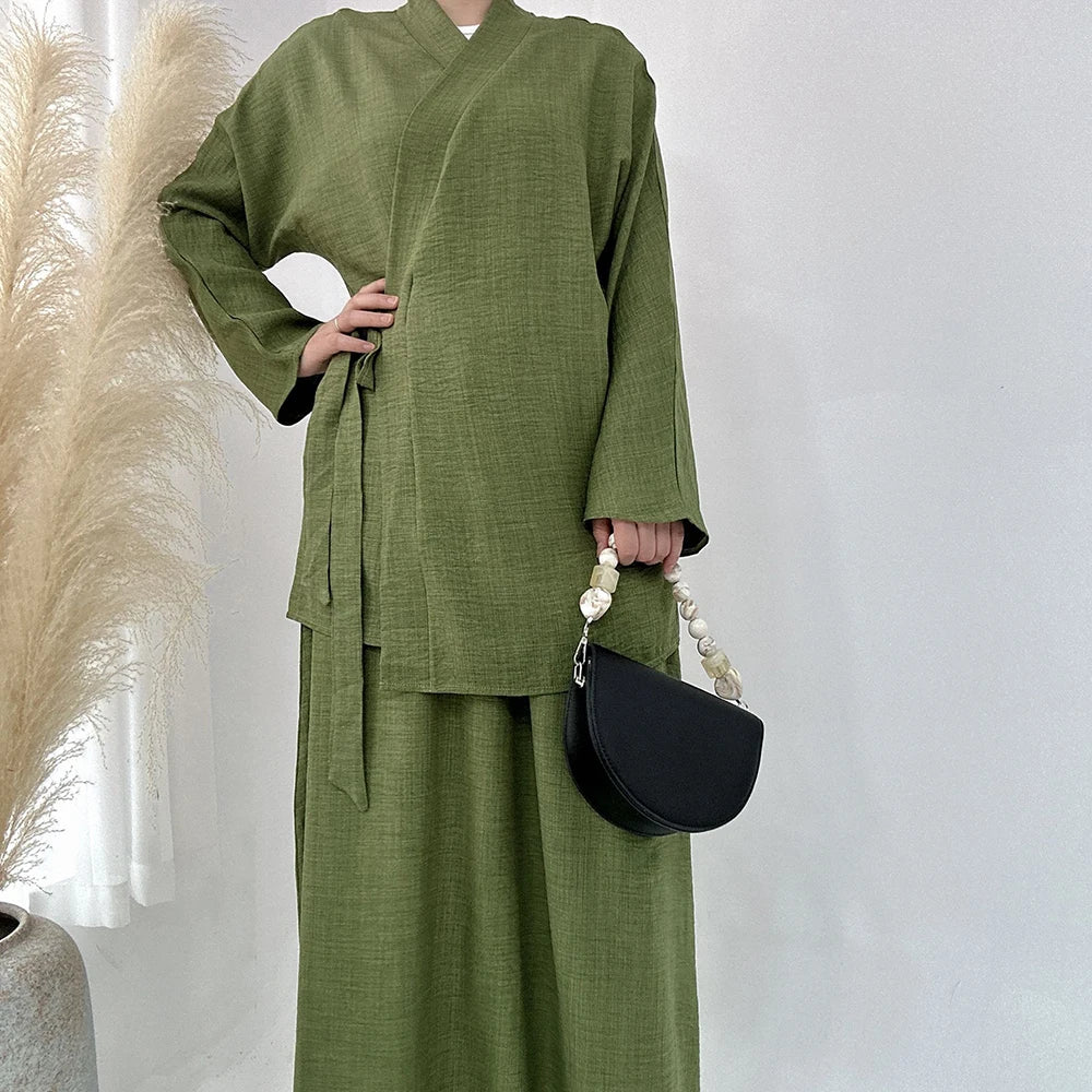 2 PC Set Abaya With Skirt Jazz Crepe Belt Wrap Lightweight Women Muslim Dress Dubai 2024 New Design Islamic Clothing Modest