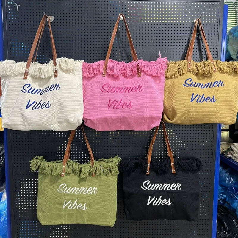 Travel Holiday Embroidery Summer Vibes Fringe Shoulder Bag Purse Large Size Casual Girls Vacation Beach Summer Vibes Tote Bags