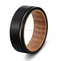 POYA Unique 8mm Tungsten Ring Black Plated Off-center Wedding Ring Whiskey Barrel Wood Liner Anniversary Gift for Men