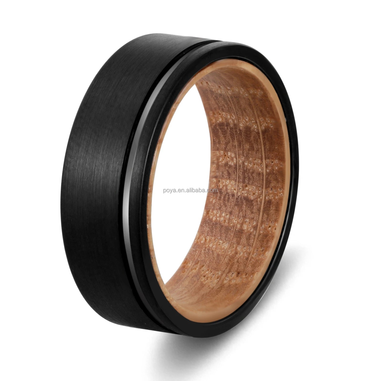 POYA Unique 8mm Tungsten Ring Black Plated Off-center Wedding Ring Whiskey Barrel Wood Liner Anniversary Gift for Men