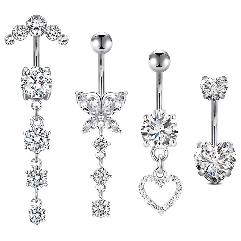 Wholesale Zircon Heart Butterfly Belly Button Rings Stainless Steel Silver Plated Claw Setting Punk Dangle Navel Jewelry Women