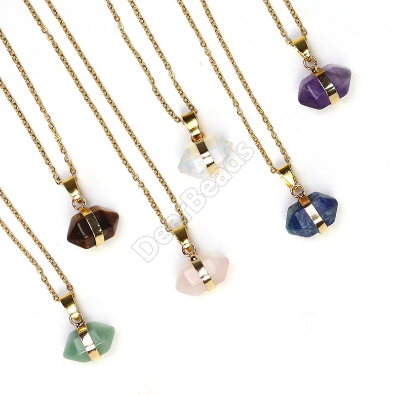 Wholesale Natural Crystal Jade Rose Quartz Faceted Double Terminated Point Gemstone Necklaces Stone Necklace