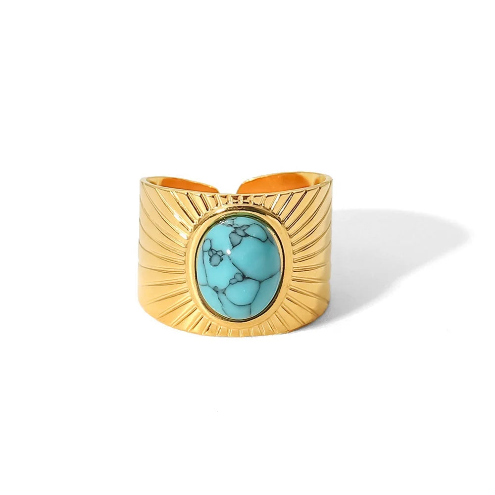 18k Gold Plated Turquoise Swirl Marks Wide Opening Stainless Steel Rings for Women Jewelry