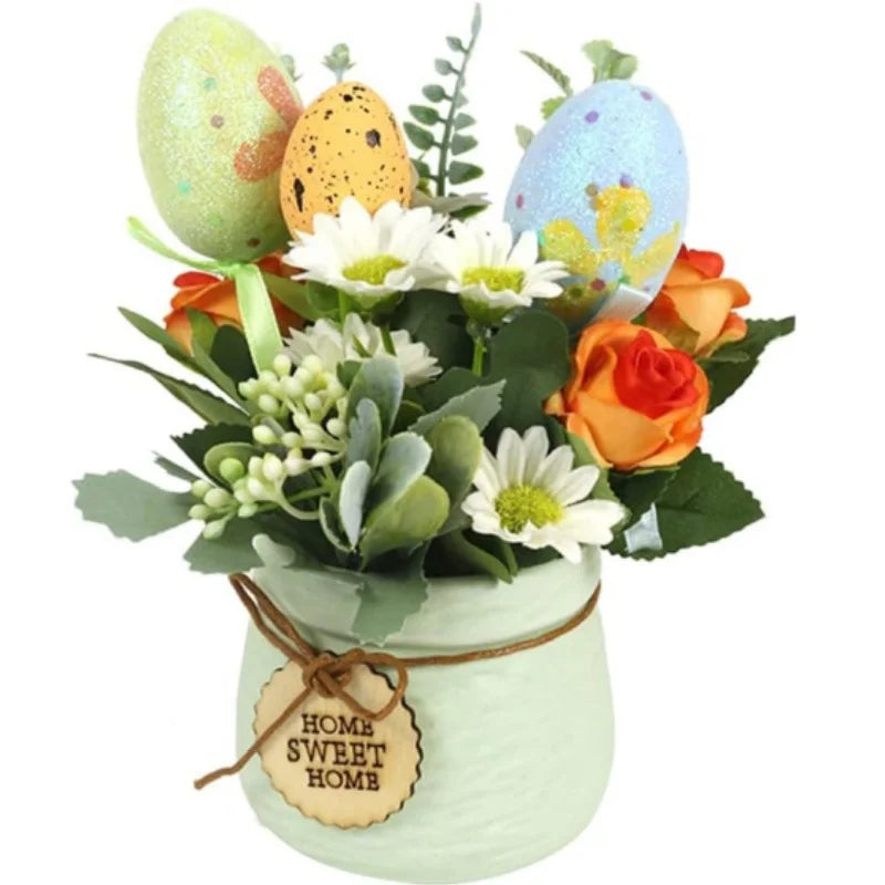 Artificial Easter Pot Flowers with Ceramic Potted Easter Flower Egg for Home Farmhouse Office Windowsill Table Shelf Decoration