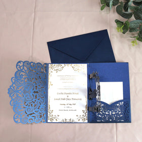 Custom Handmade Navy Blue and White Laser-Cut Wedding Invitation Cards Paper Theme with Music Angel Styles Including Envelopes