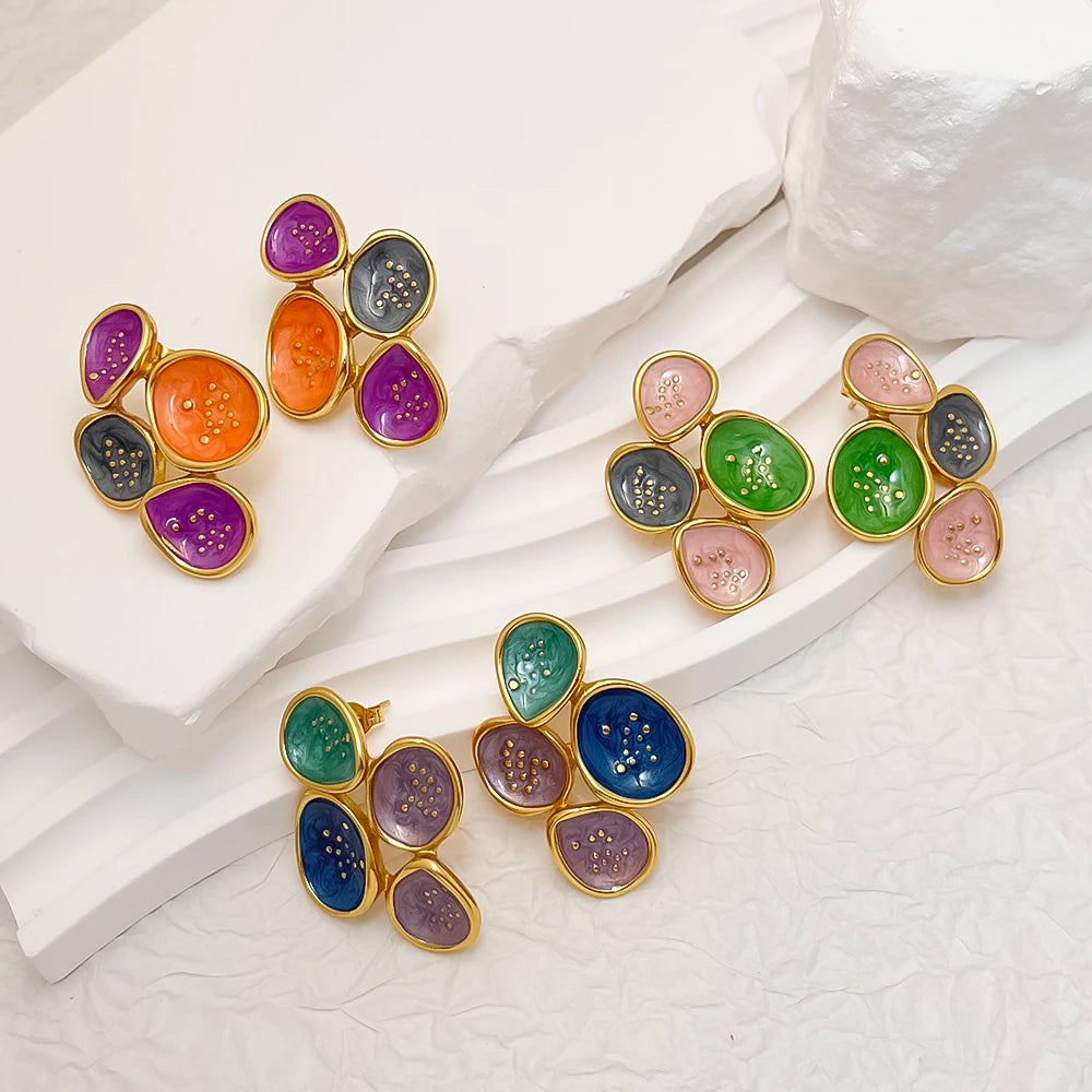 Customized Oem Stock Women Hiphop Trendy 18k Gold Plated Enamel Flower Earrings Multicolor Stainless Steel Stud Fashion Jewelry