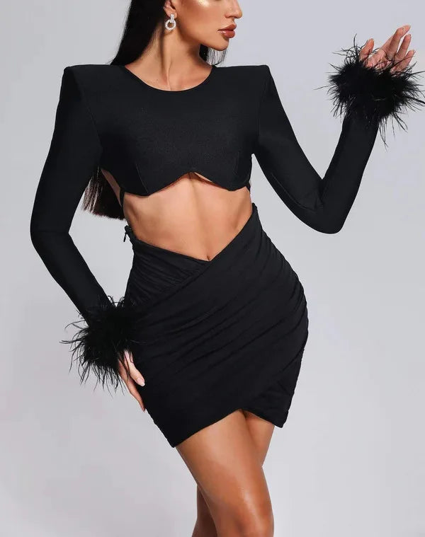 Women's Long Sleeve Crop Tops and Short Knitted Skirts Sets With Feathers Women's Clothing