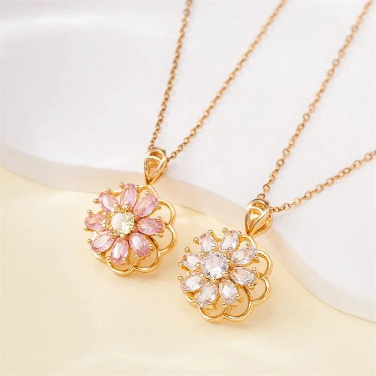 Wholesale Stainless Steel New Sweater Chain Women Zircon Rhinestone Gold Pink Rotating Flower Necklace