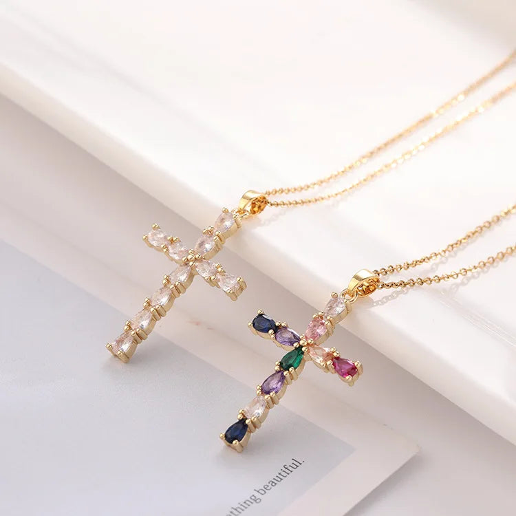 SC Fashion Hot 18K Gold Plated Women Necklace Delicate Crystal Zircon Necklace Religious Colorful Waterdrop Cross Chain Necklace