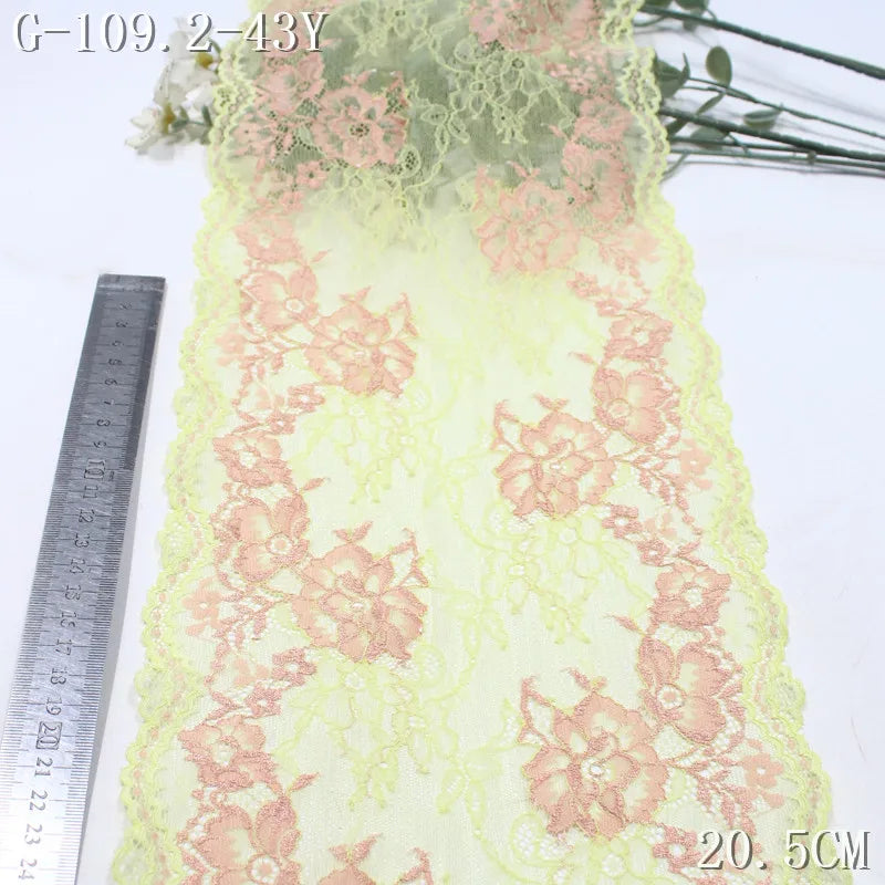 20cm Yellow Elastic Stretch Floral Lace Trim Encaje Eco-Friendly Spandex Nylon Knitted Stretching Lace Ribbon with Pink Flowers