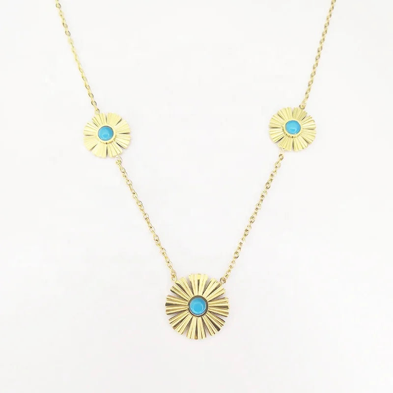 Latest 18K Gold Plated Stainless Steel Jewelry Synthetic Blue Turquoise Daisy Charms Pendant  Accessories Necklaces P223324