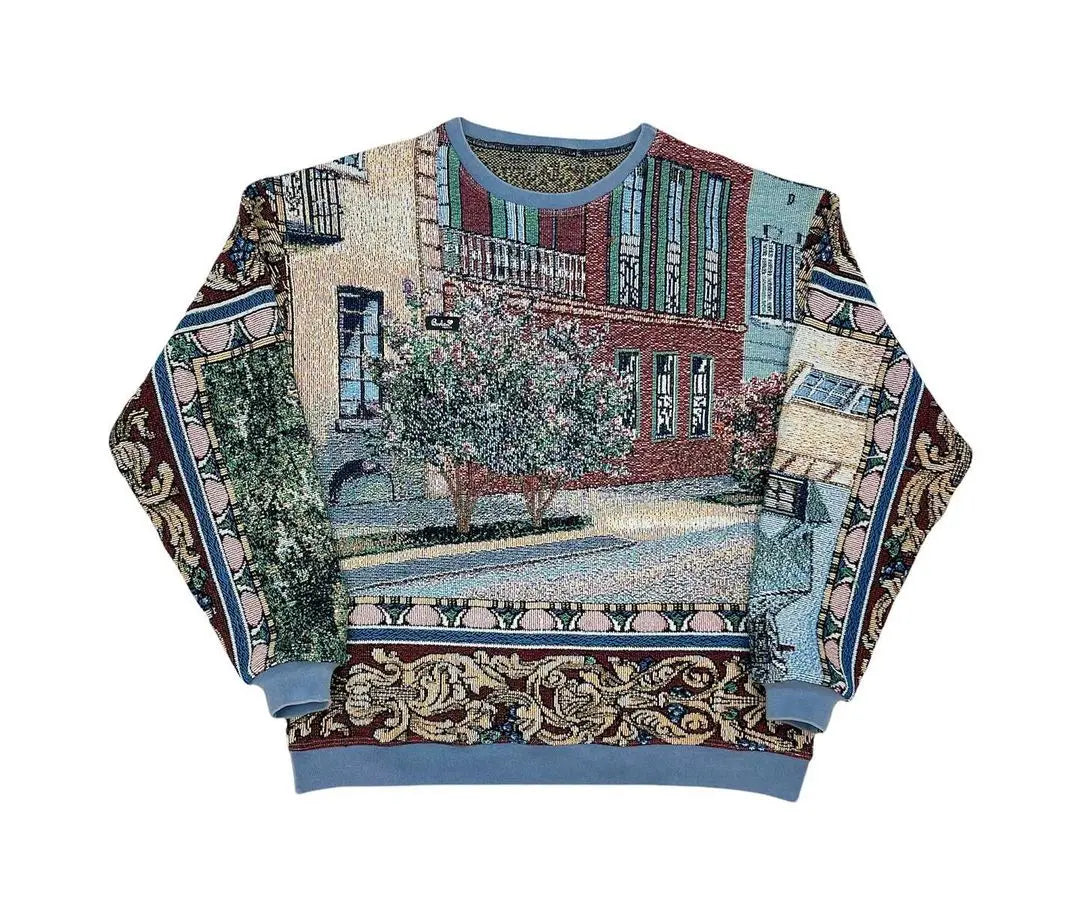 OEM Customized Oversized Hoodie Jacquard Tapestry Clothing Woven Crew Neck Tapestry Sweatshirt for Men