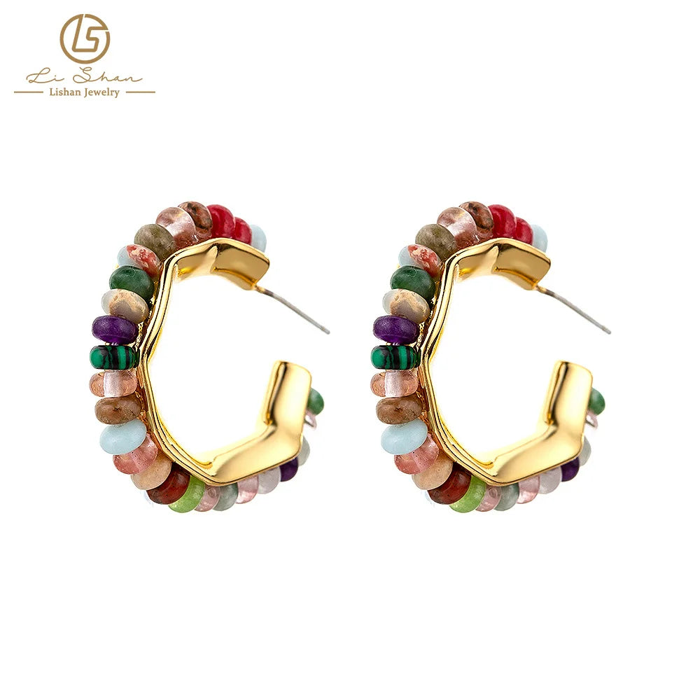Fashion Jewelry Color Natural Stone Bohemian Hoop Earrings 925 Silver Needle Brass Gold Plated Unisex for Anniversary