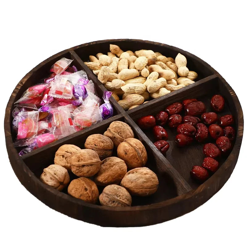 Bohemian Plant Pattern Eco-Friendly Solid Wood Round Snacks Serving Tray for Home Living Room