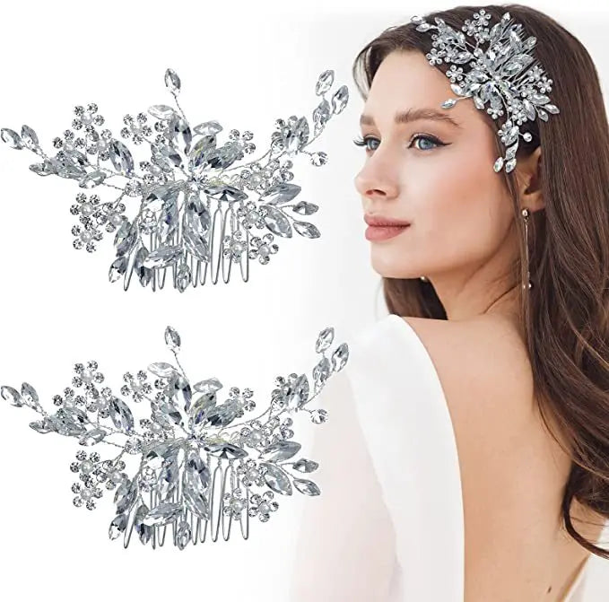 Bridal Headdress Rhinestone Pearl Flower Hair Comb and Hairpin Set-Trendy Elegant European-American Style Party Accessories