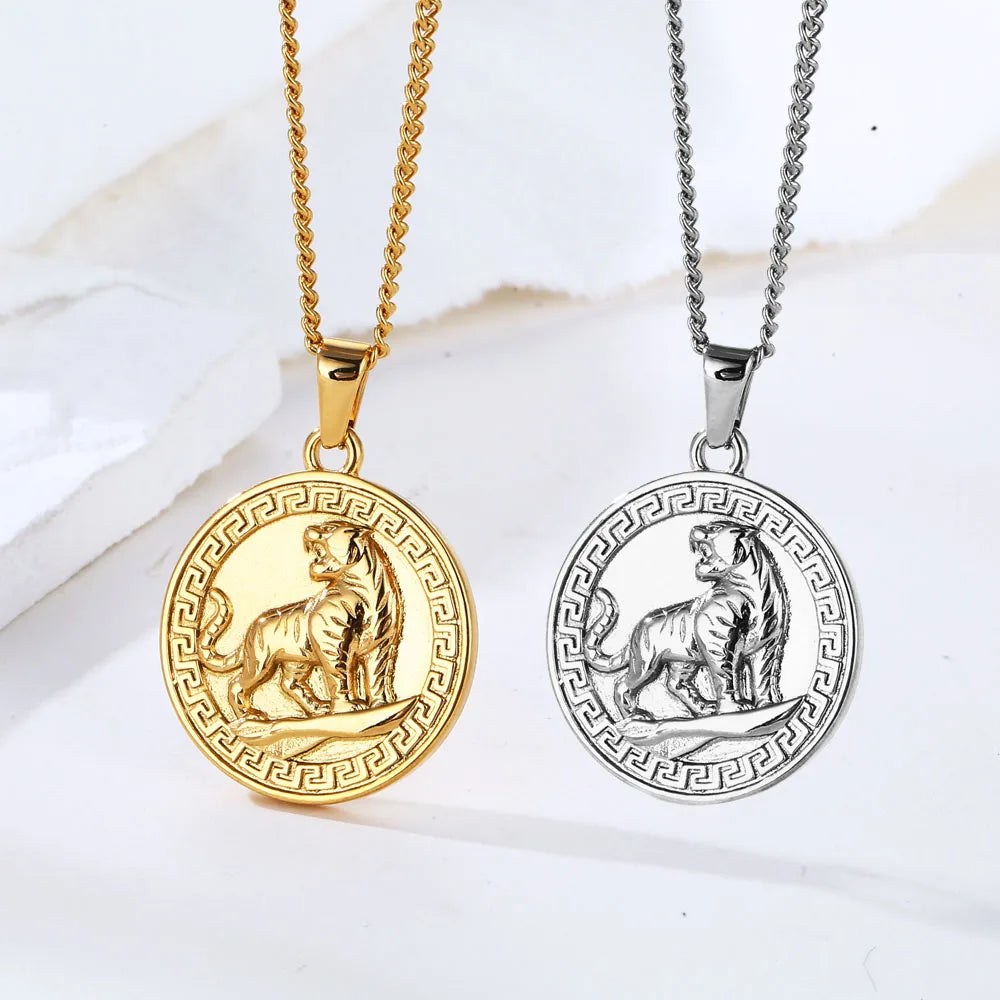 In Stocks 18k Gold Plated Lion Skull North Star Compass Pendant Men Stainless Steel Roaring Tiger Necklace Jewelry