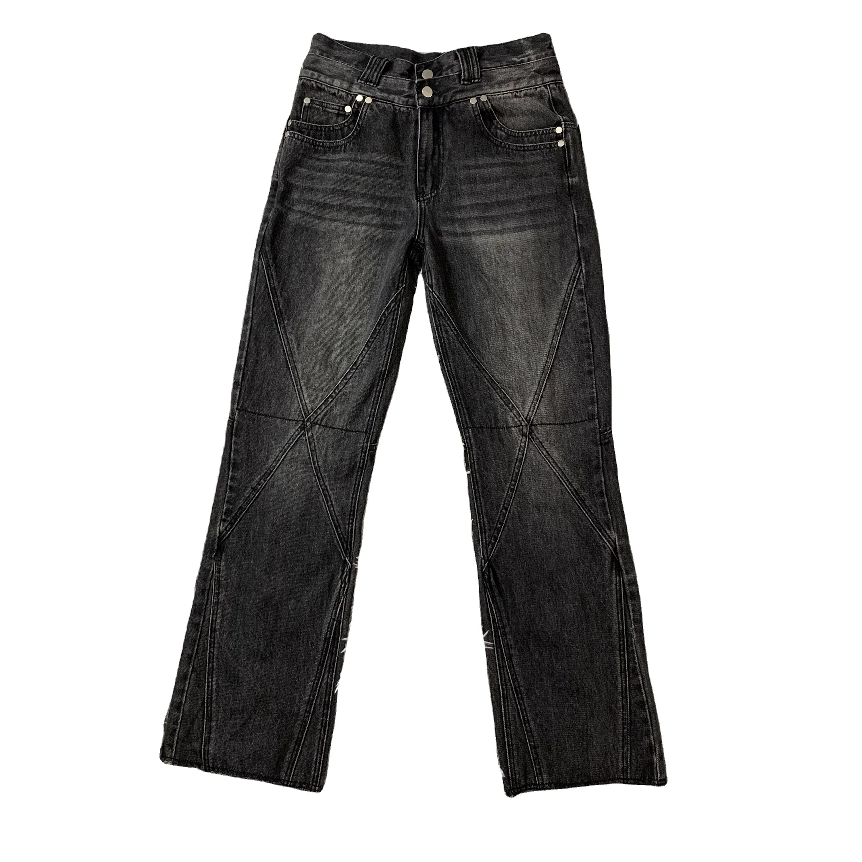 DENIMGUYS New Trend Street Style Custom Double Waist Hip Hop Men Washed Denim Pant Design Long Zipper Men's Distressed Y2K Jeans