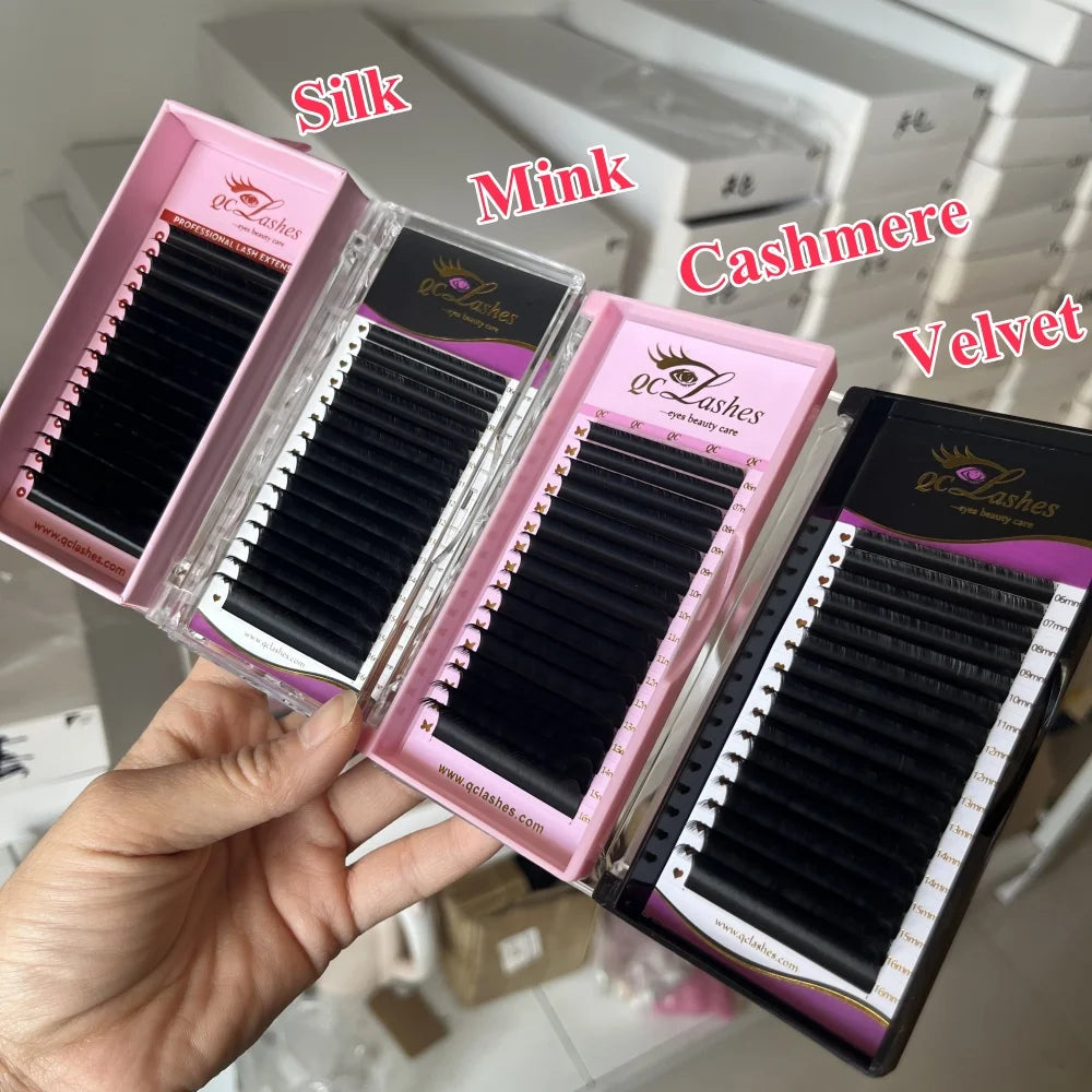 Wholesale Dark Matte Black Mink Silk Soft Individual Velvet Lash Extensions Private Label Cashmere Lash Tray Fan Eyelashes Tray MegaBDM