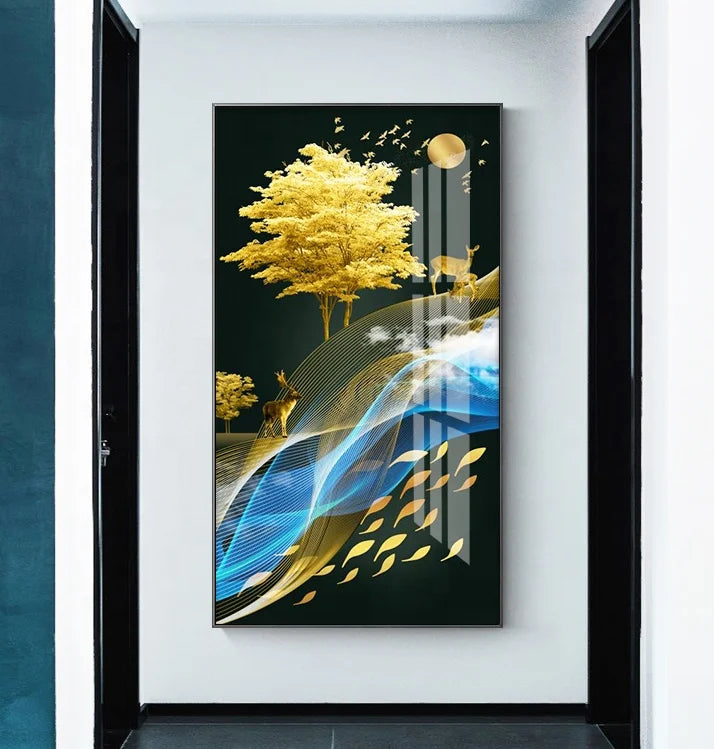 Golden Sika Deer Tree Home Decor Acrylic Resin UV Print Crystal Porcelain Wall Artwork Painting