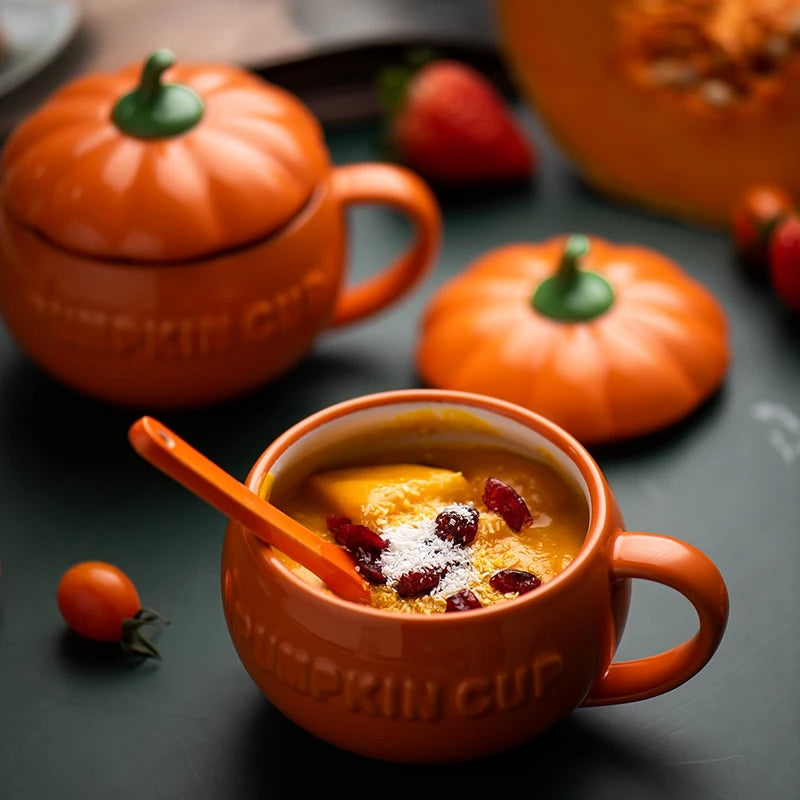 Creative Pumpkin Shaped Breakfast Oatmeal Mug With Lid Coffee Milk Tea Cola Water Cup Noodle Dessert Steamed Egg Bowl Restaurant