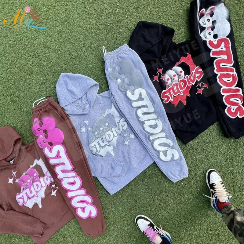 Custom Track Pants Jogging Suit Skeleton Cotton Men Hoodie Set Puff Print Hoody Two Piece Sportswear Sweatpants and Hoodie Set