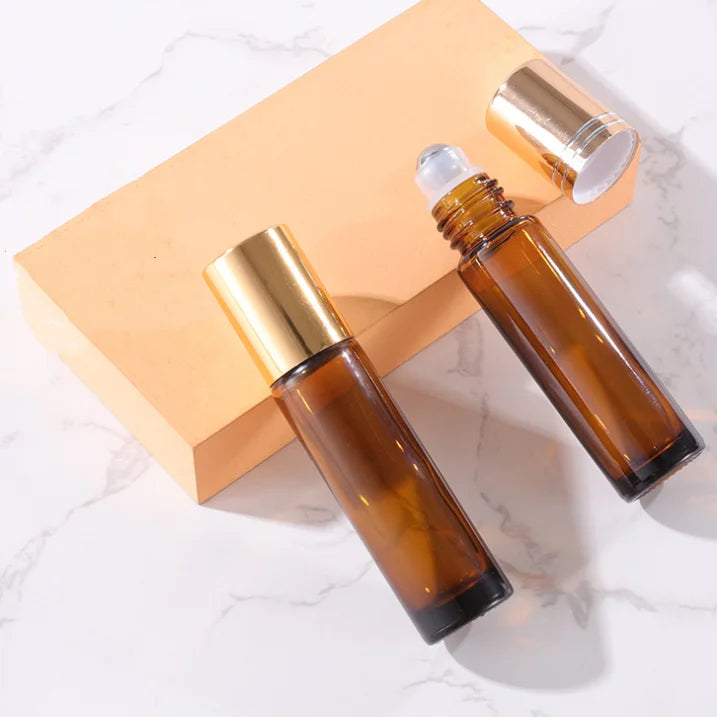 Hot Sale 10ml Amber Brown Glass Roll on Bottle Stainless Steel Roller Ball Golden Cap Perfume Roller Bottle