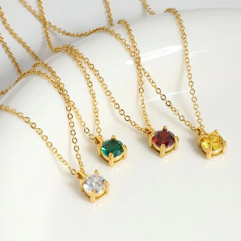 Wholesale New Custom 18k Gold Plated Stainless Steel Dainty Birthstone Pendant Necklace Trendy Link Clear CZ Zircon Crystal