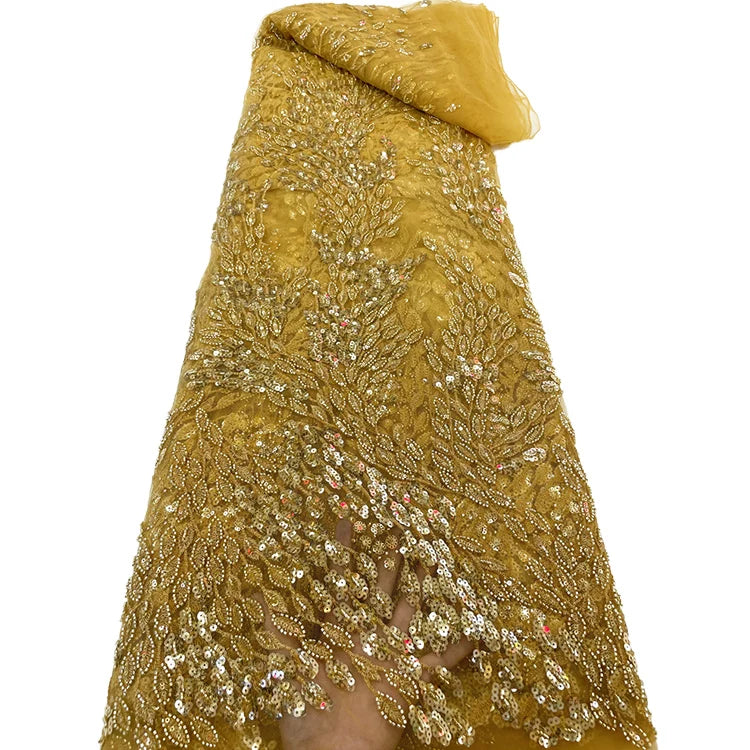 Gold Glitter Beads Embroidery Sequin Lace Fabric Dress Lace Beaded Fabric