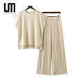 Liu Ming 2024 Summer Collection Women's Casual Fashion Set Sleeveless Tops Pleated High Waist Pants Simple Knitted Loose Fit