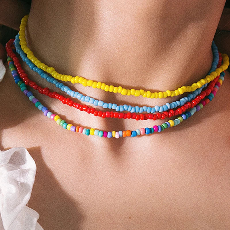 Bohemian Handmade Rainbow Beads Choker Necklace Boho Colorful Bead Satellite Necklace Women Beach Jewelry