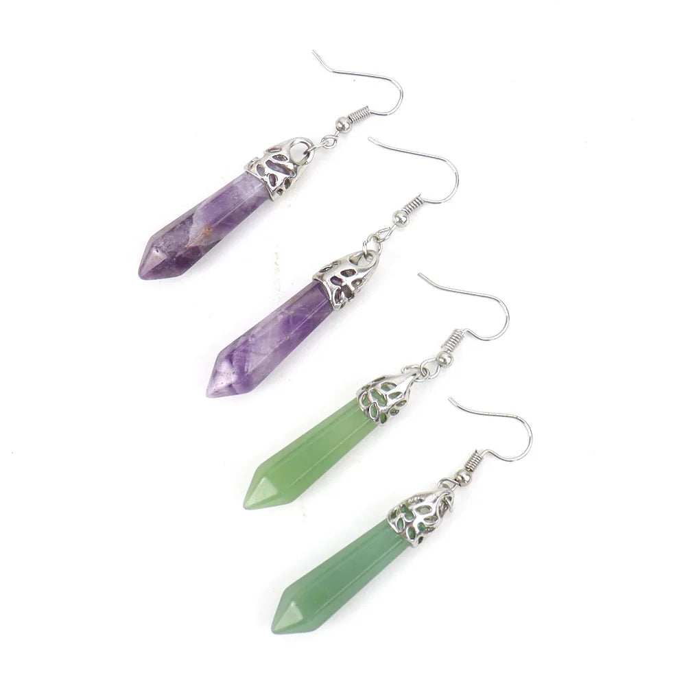 Hot Selling Natural Crystal Stone Hexagonal Prisms Earrings Eardrop Gemstone Green Aventurine Crystal  Earrings for Women