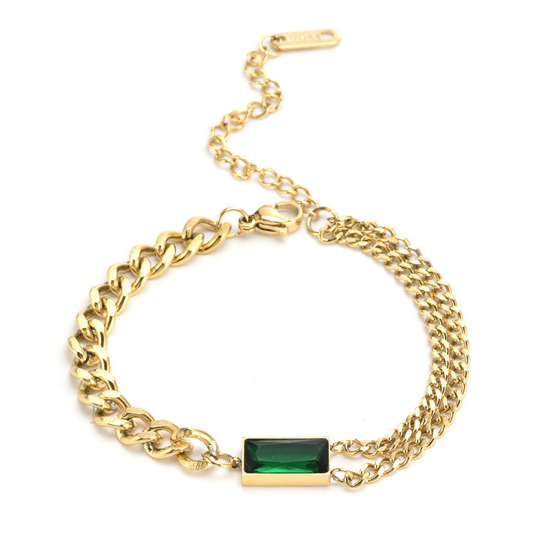 Wholesale Geometric Green CZ Stone Chain 18K Gold Plated Customize Stainless Steel Bracelet