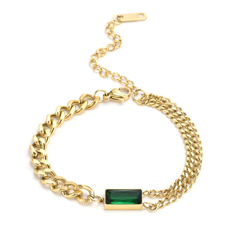 Wholesale Geometric Green CZ Stone Chain 18K Gold Plated Customize Stainless Steel Bracelet
