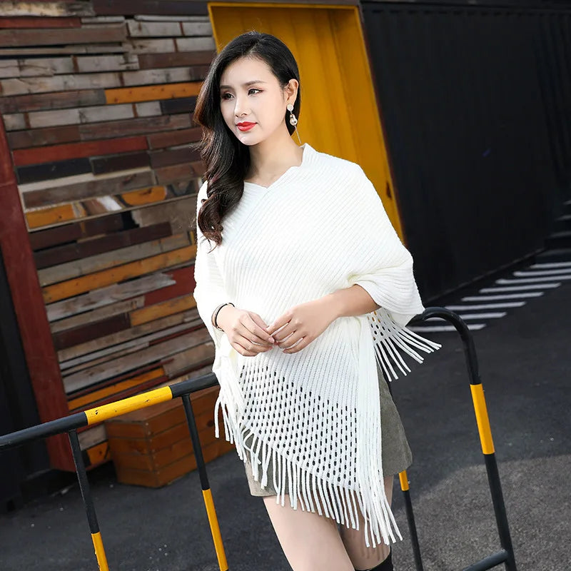 Autumn and Winter New Shawl Cloak V-Neck Pullover Sweater Tassel Batshirt Loose Versatile Knitted Drop Shoulder Coat