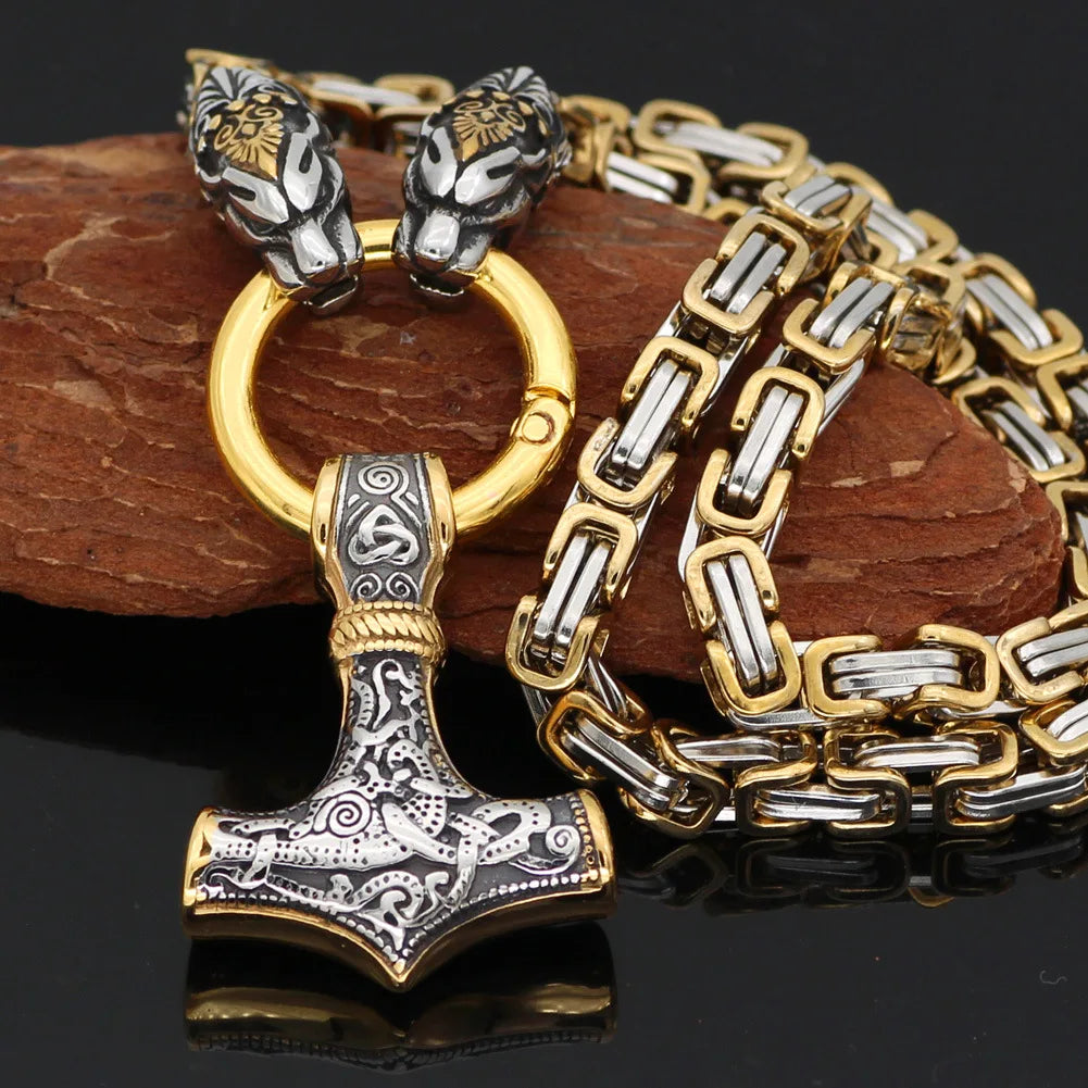 Norse Talisman Jewelry Men Stainless Steel  Fenrir Wolf Head with MJOLNIR Thor Hammer Norse Viking Pendant Necklace king Chain
