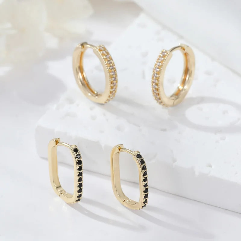 Hot Selling Minimalist Sophistication Brass 14K Gold Plated Hoop Earrings Featur Black Clear Zircon Fashion Huggie Earring