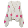 Hand Knit Strawberry Cardigan Sweater for Women Chunky Loose Warm Winter Thick Sweater