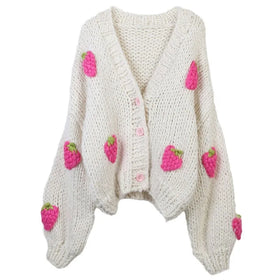 Hand Knit Strawberry Cardigan Sweater for Women Chunky Loose Warm Winter Thick Sweater