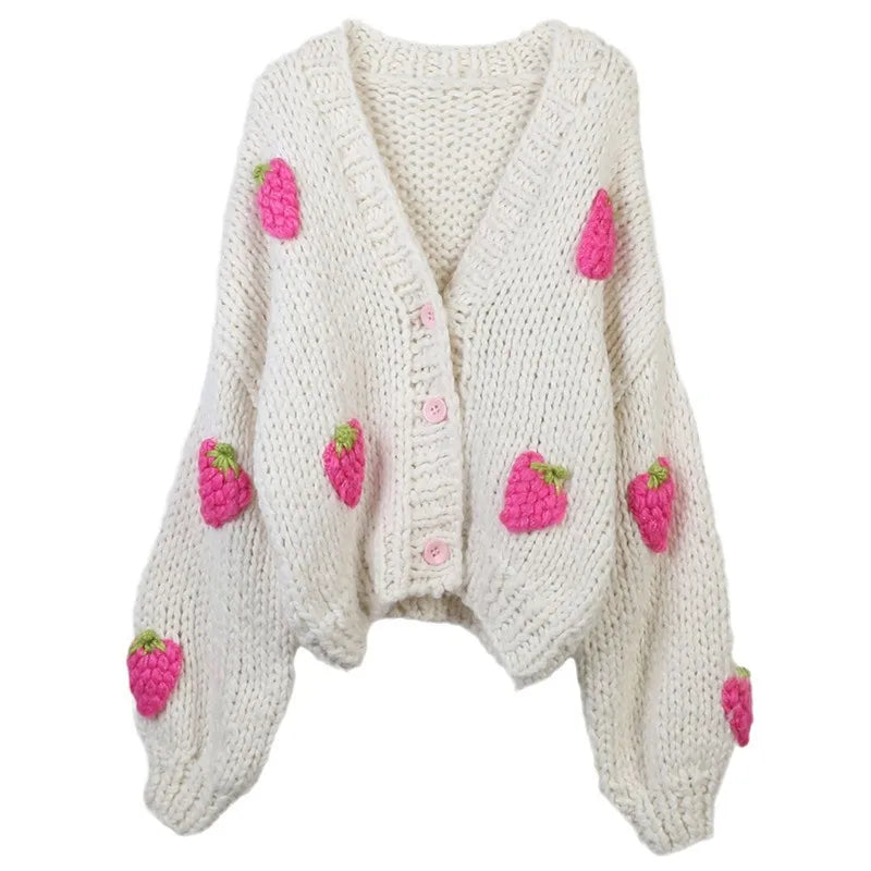 Hand Knit Strawberry Cardigan Sweater for Women Chunky Loose Warm Winter Thick Sweater