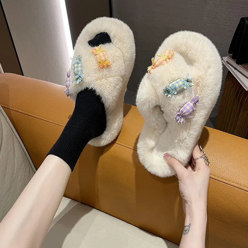 Cute Thick Bottomed Woolen slippers for Women 2022 Autumn and Winter New Fashion Candy Decors and Versatile Home slippers