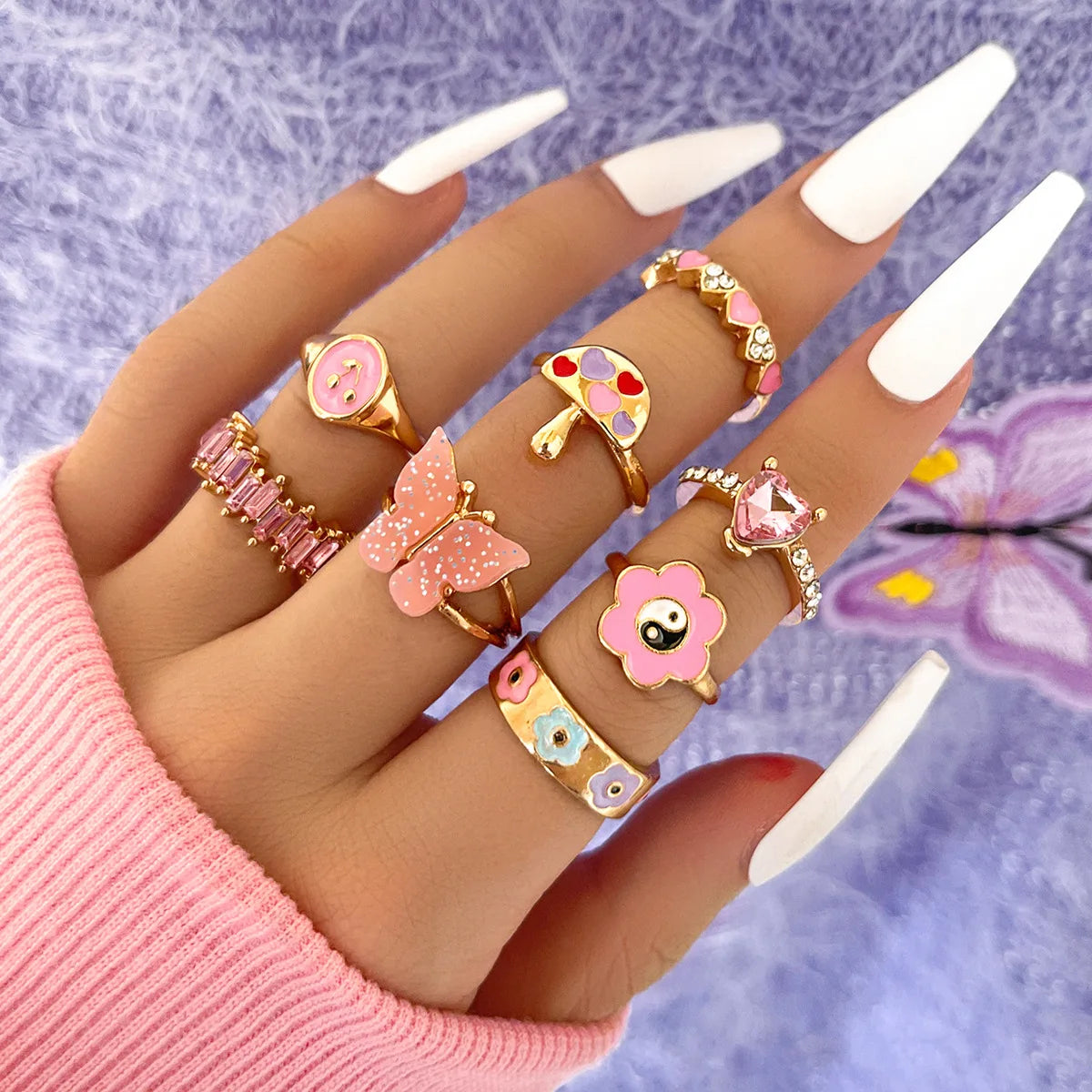 8Pc/Set Vintage Butterfly Flower Punk Rings Set Gold Plated Crystal Ring Set Jewelry for Men Women Rhinestone Butterfly Ring
