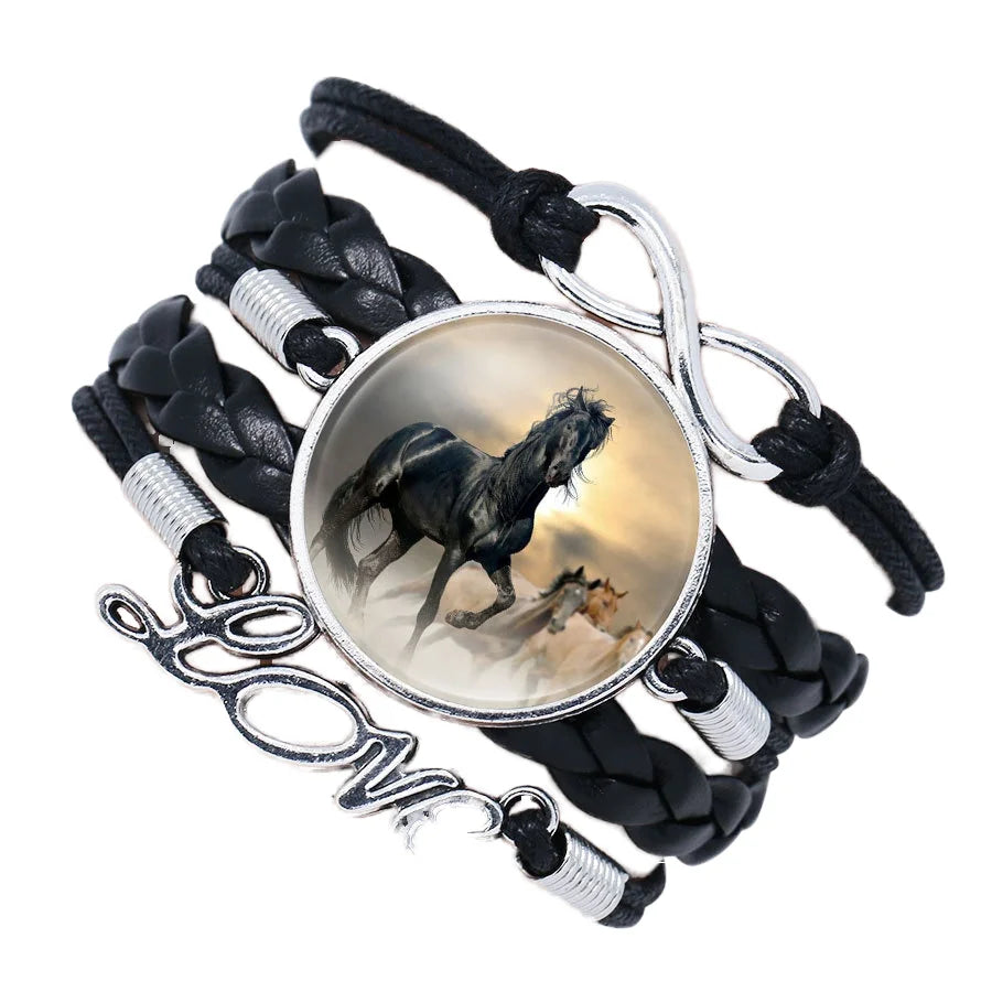 Hand-Woven Creative Jewelry-New Multi-Layer Combination Horse Time Gem Glass Leather Charm Bracelet Fashionable Accessory